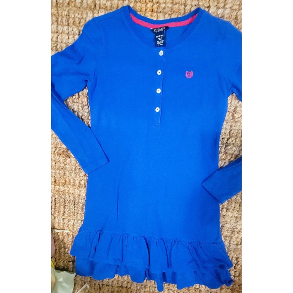 Ralph Lauren Chaps Dress Blue Double Ruffle hem Henley Cotton Girls M 8-10 NICE!